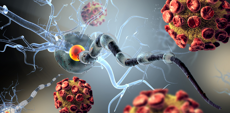 High quality 3d render of viruses attacking nerve cells.