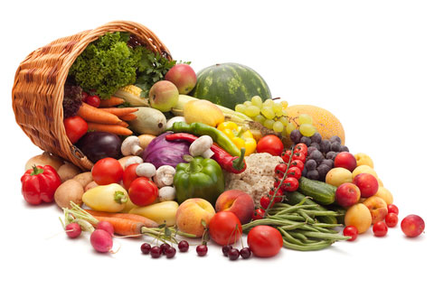 A big basket filled with various nutrient-rich, colorful fruits and vegetables.